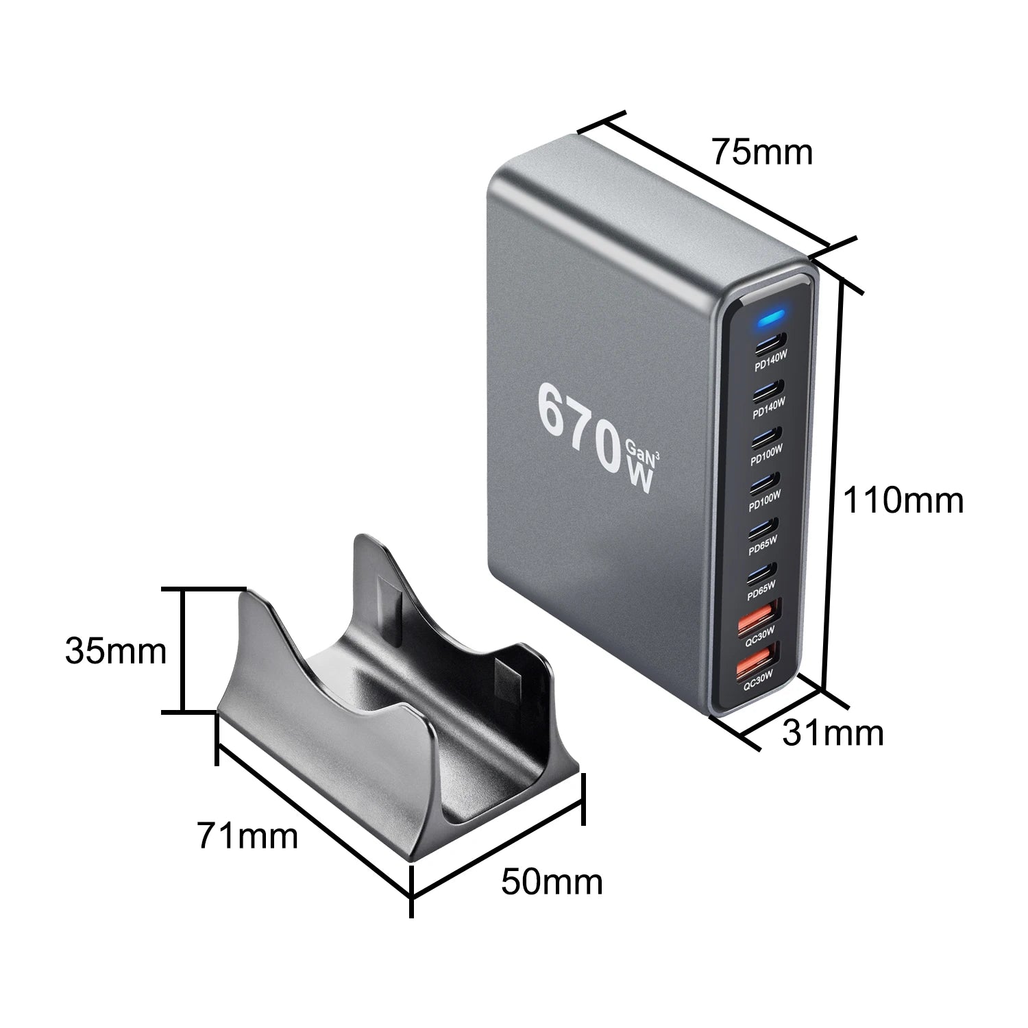 Electronic Gadget 2025 Fast Phone Charger 670W Multi 8 Ports 4 USB a 4 PD Type C Travel Charger 100W Desktop Charging Station Electrokidsstore