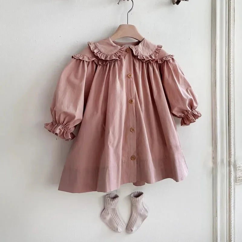 2026 Spring New Children Long Sleeve Casual Dress Cotton Girls Cute Loose Puff Sleeve Dress Toddler Cardigan Dress Kids Clothes Electrokidsstore