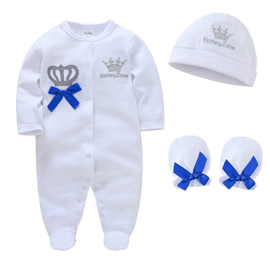 Newborn Baby Boys Romper Royal Crown Prince 100% Cotton Clothing Set with Cap Gloves Infant Girl One-Pieces Footies Sleepsuits Electrokidsstore