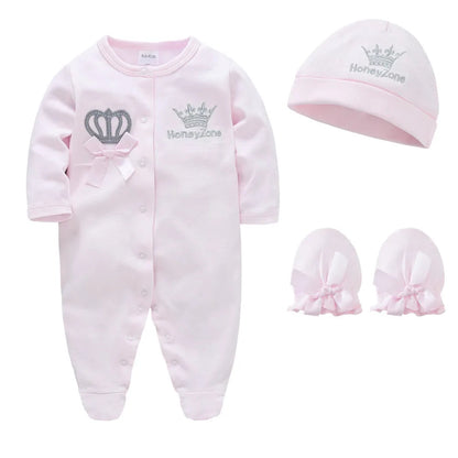 Newborn Baby Boys Romper Royal Crown Prince 100% Cotton Clothing Set with Cap Gloves Infant Girl One-Pieces Footies Sleepsuits Electrokidsstore