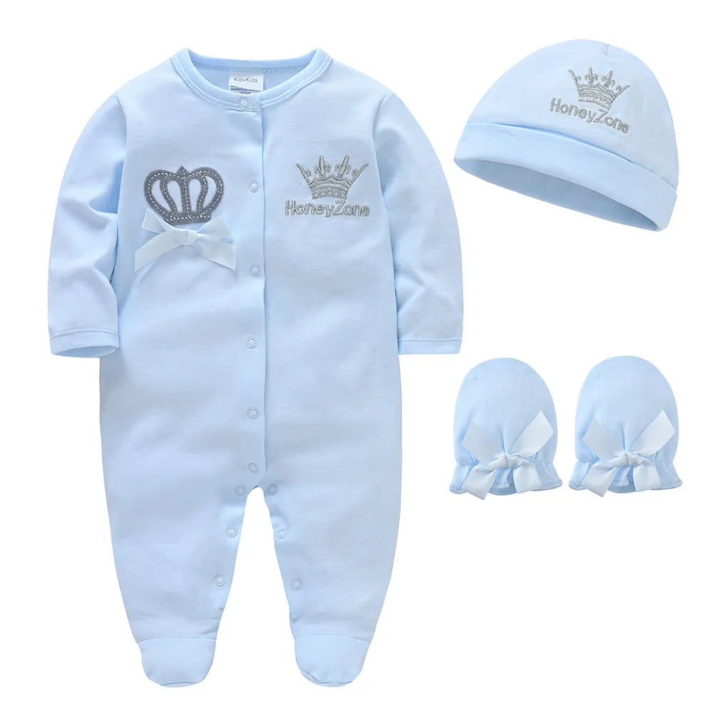 Newborn Baby Boys Romper Royal Crown Prince 100% Cotton Clothing Set with Cap Gloves Infant Girl One-Pieces Footies Sleepsuits Electrokidsstore