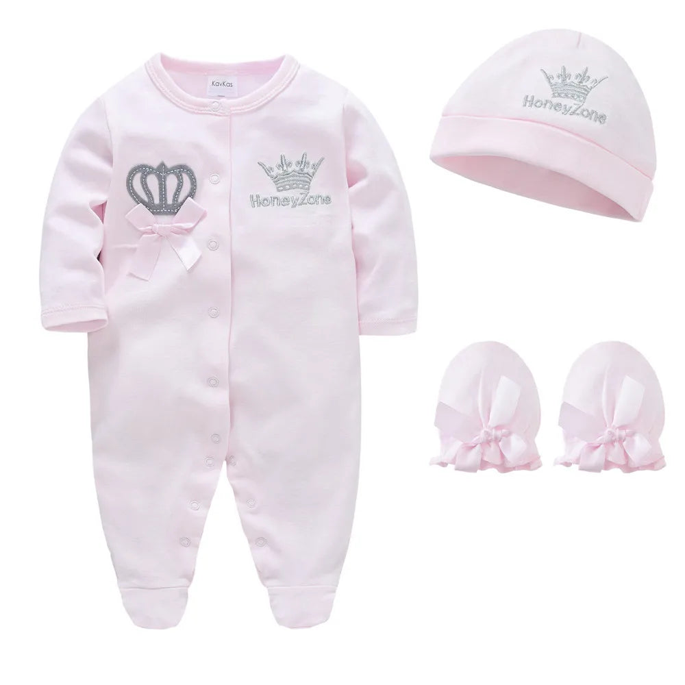 Newborn Baby Boys Romper Royal Crown Prince 100% Cotton Clothing Set with Cap Gloves Infant Girl One-Pieces Footies Sleepsuits Electrokidsstore