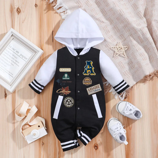Baby boys girls romper hooded long sleeve baseball onesie in navy and white stripes
