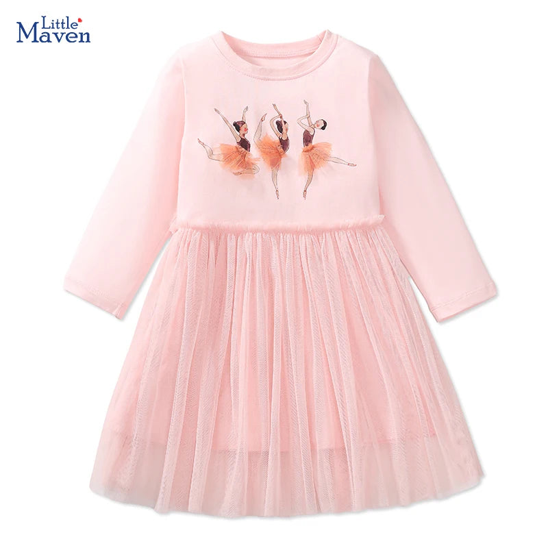 Little maven Kids Clothes Children's Clothing 2026 Autumn Cotton Baby Girls Cartoon Ballet Dancer Long Sleeves Dresses 2-7 year Electrokidsstore