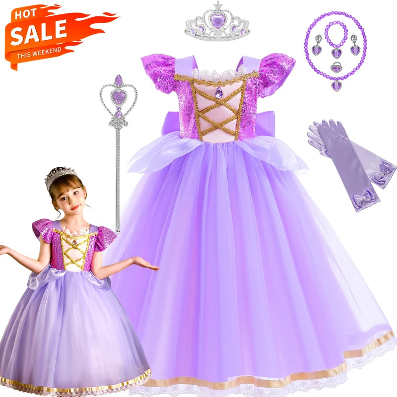  Carnival Princess Dress Cosplay Costume for Girls Purple Sequin Princess Gown Carnival Party Kids Fancy Prom Maxi Dress Suit Electrokidsstore