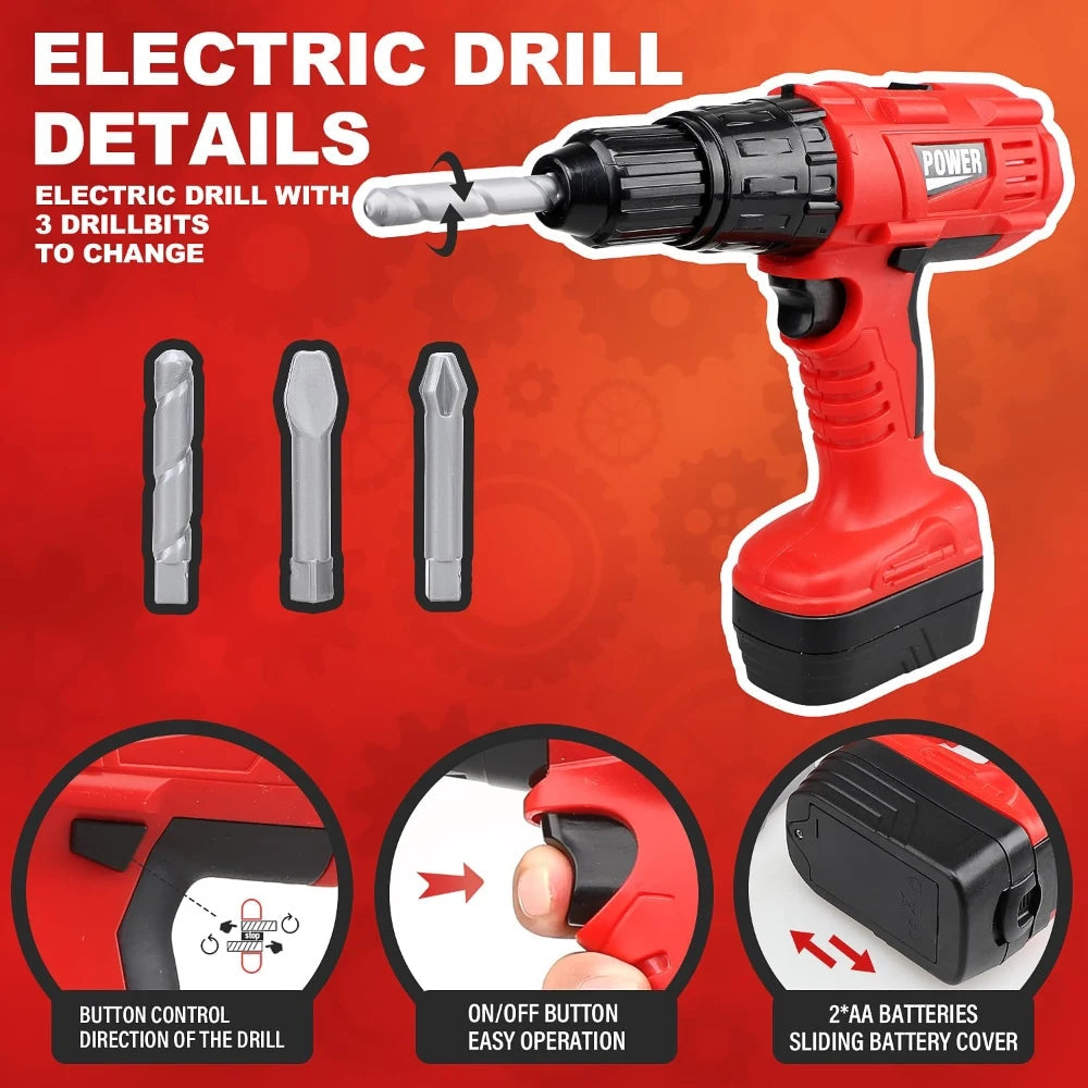 Children's Tool Set with Electric Toy Drill Kids Power Construction Toy Pretend Play Toy Tools Kit for Toddler Boys Girls Child Electrokidsstore