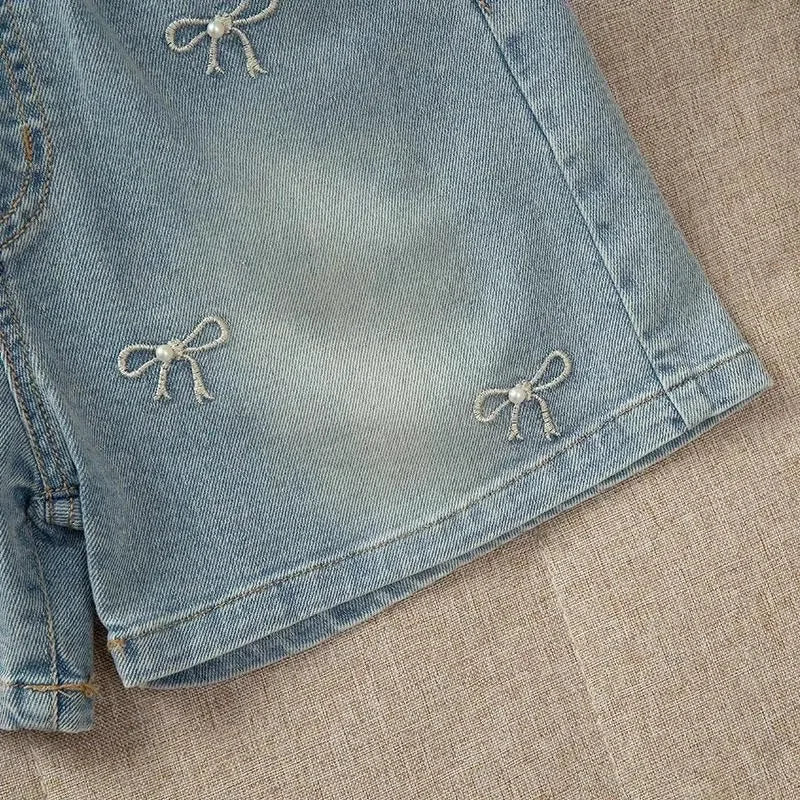 New Summer Girls Shorts Jeans Fashion Embroidery Bow Short Denim Pants For 2-12 Years Kids Clothes Children Cotton Trousers Electrokidsstore