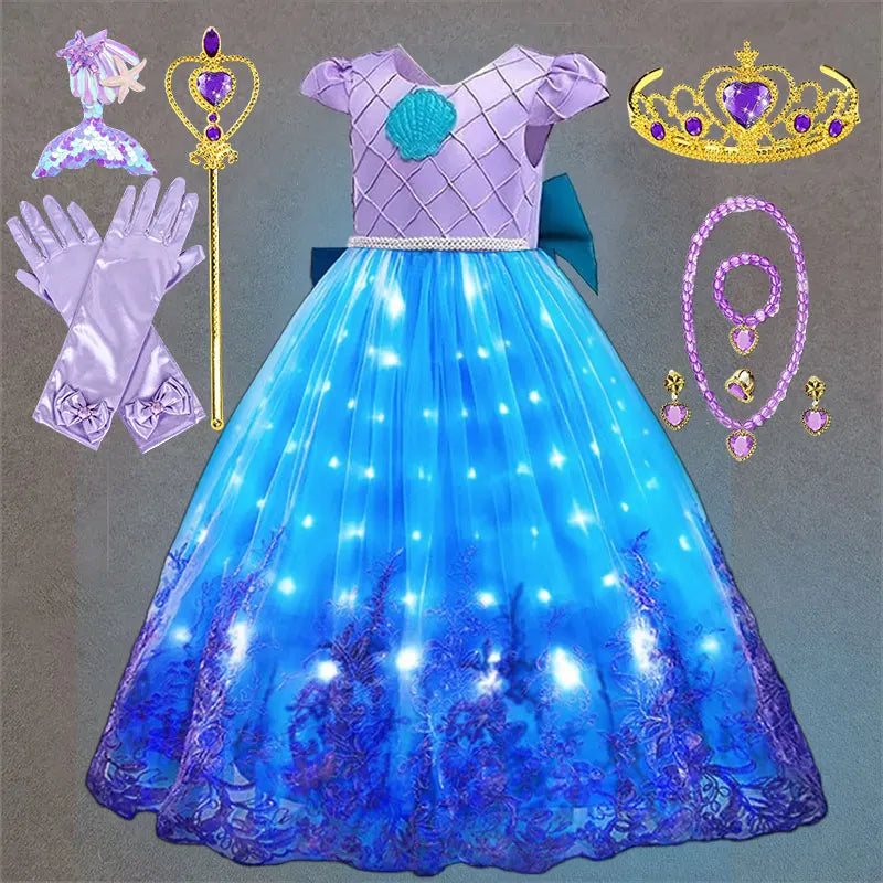 Fairy Tale The Little Mermaid Costume Glowing Princess Ball Gown ‌Featured with Embroidery Deluxe Carnival Human Ariel Dress Electrokidsstore