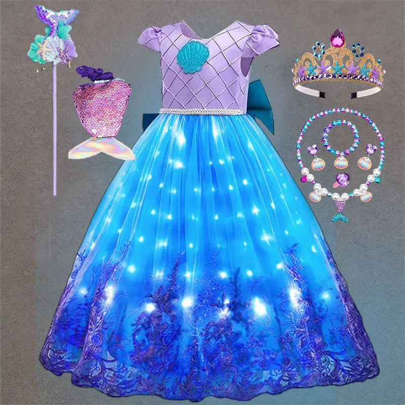 Fairy Tale The Little Mermaid Costume Glowing Princess Ball Gown ‌Featured with Embroidery Deluxe Carnival Human Ariel Dress Electrokidsstore