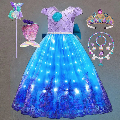 Fairy Tale The Little Mermaid Costume Glowing Princess Ball Gown ‌Featured with Embroidery Deluxe Carnival Human Ariel Dress Electrokidsstore