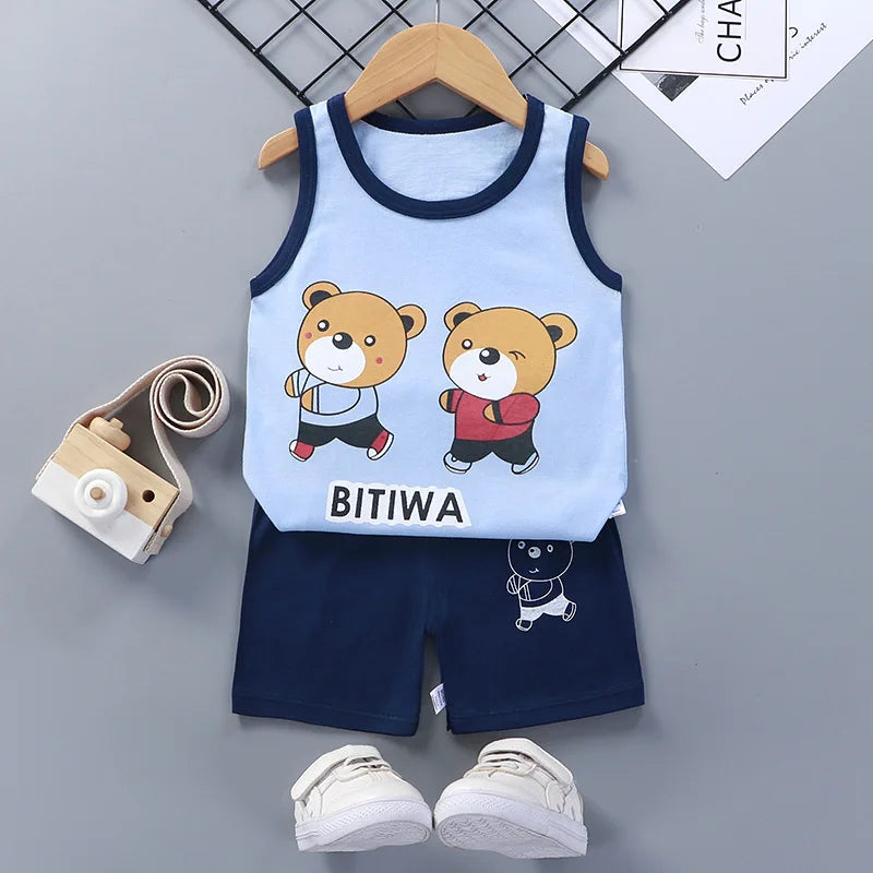 Children Sets Kids Clothes Boys Girls Vest Suit  Summer Children's Clothing baby Cotton T-Shirts Shorts Tank Top Sleeveless Electrokidsstore