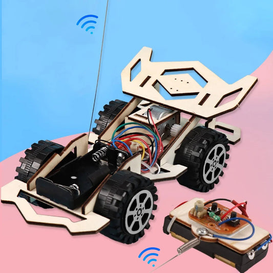 Kids Remote Control Electric Wooden Racing Toys Technology Innovation DIY Hand-assembled Electric Wireless Four-wheel Drive Toys Electrokidsstore