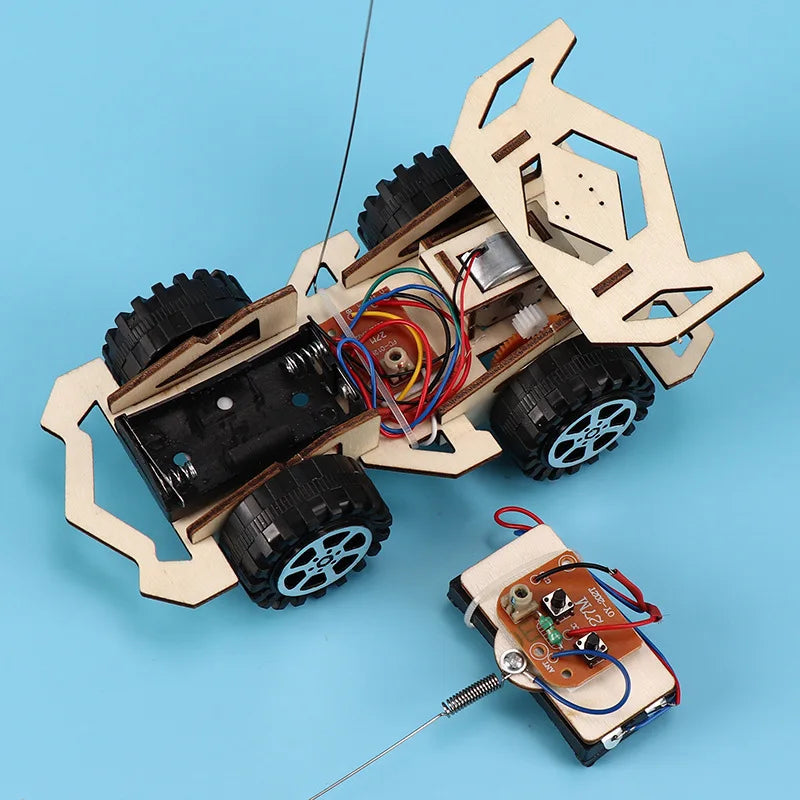 Kids Remote Control Electric Wooden Racing Toys Technology Innovation DIY Hand-assembled Electric Wireless Four-wheel Drive Toys Electrokidsstore