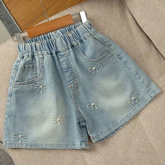 Girls summer denim shorts with embroidery bow for ages 2-12, cotton blend, elastic waist, trendy kids jeans