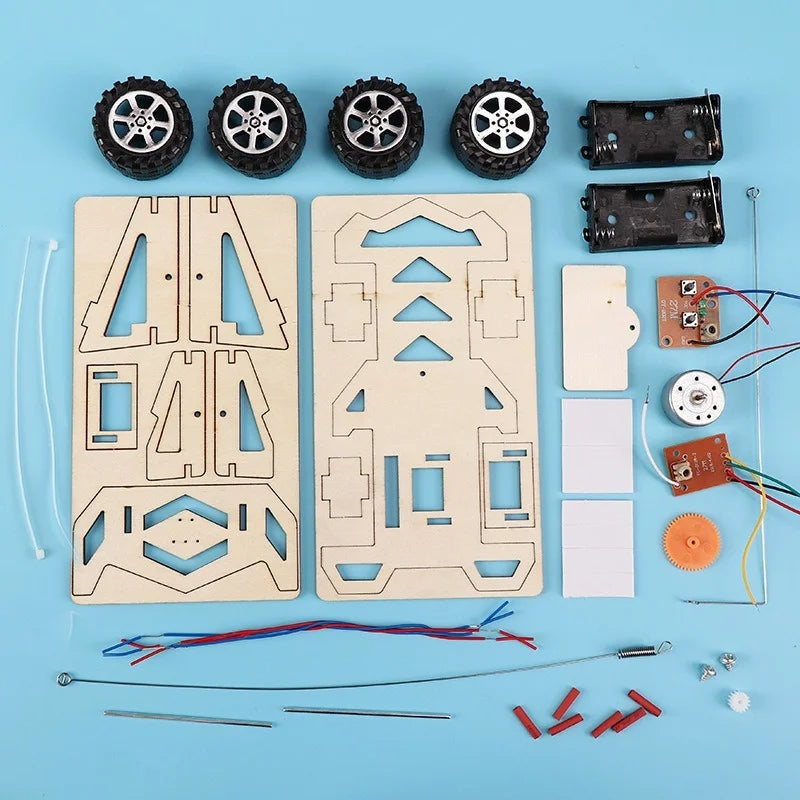 Kids Remote Control Electric Wooden Racing Toys Technology Innovation DIY Hand-assembled Electric Wireless Four-wheel Drive Toys Electrokidsstore