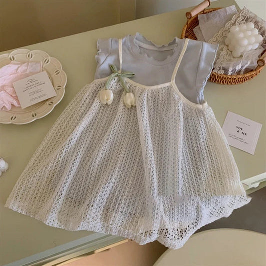 Children's Clothing 2026 Blue Clothing+Camisole Skirt set Summer Sweet Tulip Vest Knitted Skirt Korean Version Baby Set Stylish Electrokidsstore