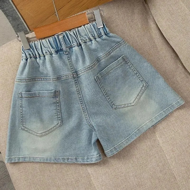 New Summer Girls Shorts Jeans Fashion Embroidery Bow Short Denim Pants For 2-12 Years Kids Clothes Children Cotton Trousers Electrokidsstore
