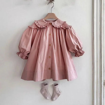 2026 Spring New Children Long Sleeve Casual Dress Cotton Girls Cute Loose Puff Sleeve Dress Toddler Cardigan Dress Kids Clothes Electrokidsstore