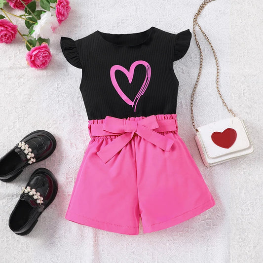 2pcs Girls Going Out Short Suit Heart Graphic Flutter Sleeve Top & Belted Waist Shorts Set Kids Summer Clothes Electrokidsstore