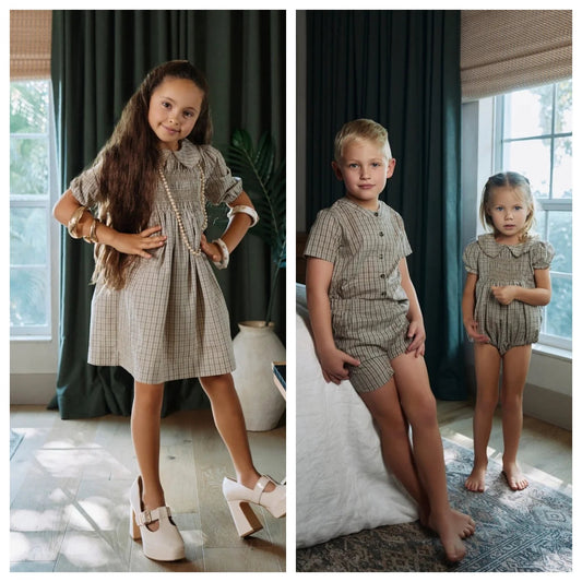 AS  SS26 Heritage collection brown Checked smocking  girls dress knitting boys sister brother family match clothes Electrokidsstore