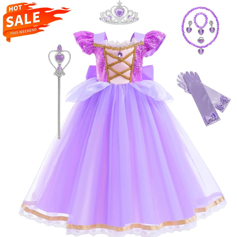  Carnival Princess Dress Cosplay Costume for Girls Purple Sequin Princess Gown Carnival Party Kids Fancy Prom Maxi Dress Suit Electrokidsstore