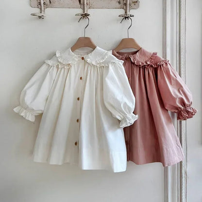 Cute 2026 spring children long sleeve casual cotton dress with puff sleeves for girls aged 4-6 years